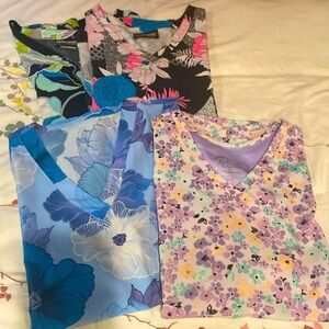 Women’s set of 4 patterned colorful scrub tops - all medium